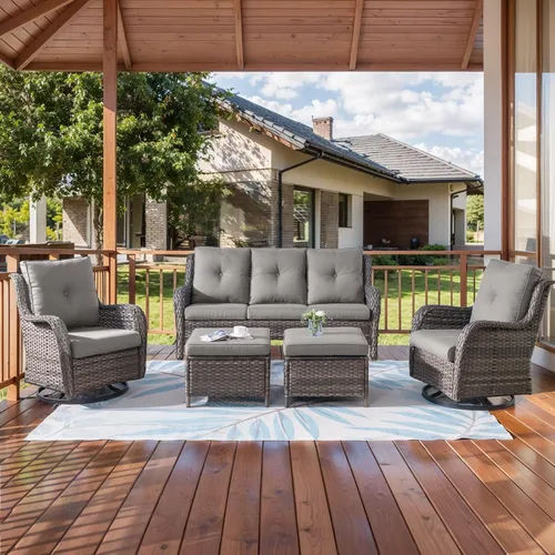 Vista 110 de HUMMUH Juego de 2 Sillas Giratorias Mecedoras de Mimbre para Patio Exterior, Juego de Muebles de Sillas Mecedoras de Ratán (Marrón, Azul) 50,000