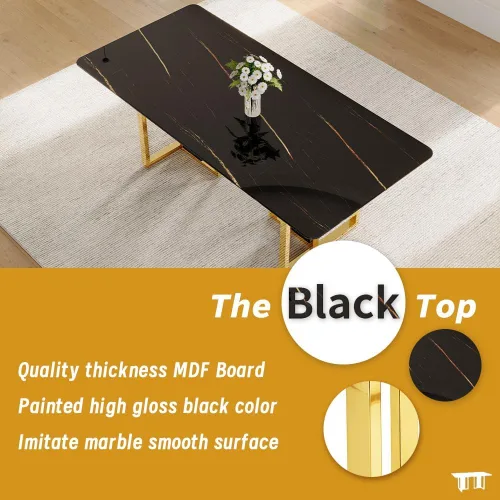 Vista 5 de Juego de mesa de comedor de mármol negro dorado de 79 pulgadas para 8 Sillas negras+oro