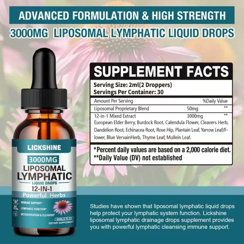 Vista 2 de 1 paquete de gotas de drenaje linfático liposomal de 3000 mg, 12 en 1 suplementos de drenaje linfático orgánico con bayas de saúco, raíz de bardana