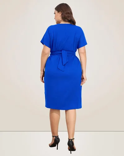 Vista 4 de Pinup Fashion Vestidos de talla grande para mujer, invitada de boda, manga corta, lazo frontal, cinturón, vestido de trabajo hasta la rodilla