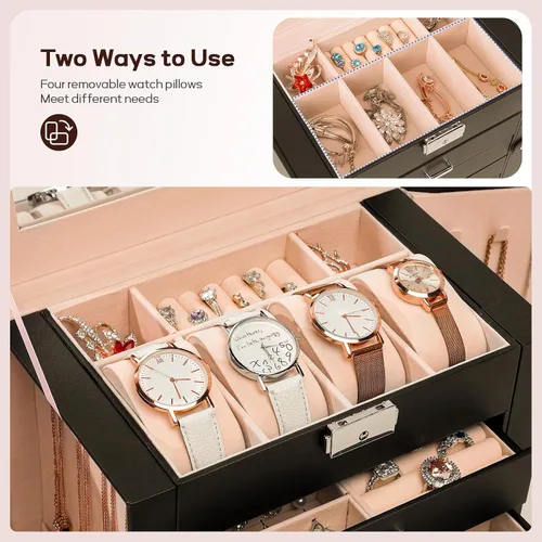 Vista 4 de Homde Caja de joyería enorme de cuero sintético Organizador de reloj con espejo Collar Anillo Pendiente Almacenamiento Caja de regalo con cerradura