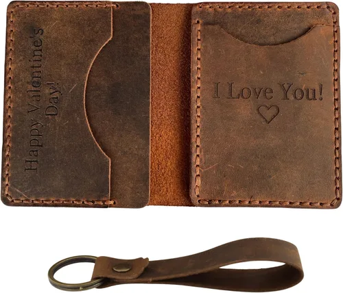 Vista 9 de Cartera minimalista de cuero genuino grabada personalizada para hombres y mujeres, carteras personalizadas con 4 ranuras para tarjetas con llavero