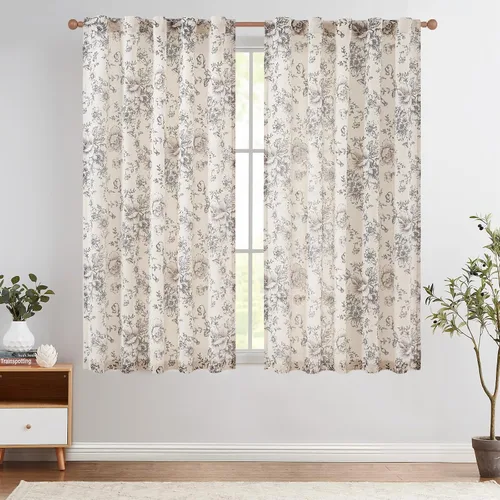 Vista 11 de Jinchan Cortinas de Mezcla de Lino con Estampado Floral para Sala de Estar, 84 Pulgadas de Largo, Cortinas con Bolsillo para Varilla y Tab Trasera
