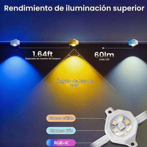 Vista 3 de Rosykite Luces de Navidad al Aire Libre - 50 pies de luces inteligentes RGB+IC para canalones con 63 escenas, impermeables IP67, control de voz