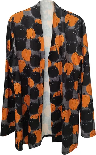 Vista 2 de kinstell Cárdigan de manga larga para mujer, diseño de calabaza, animal, gato negro, fantasma, abrigo ligero