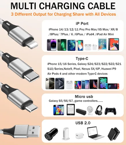 Vista 4 de Cable de carga múltiple, paquete de 3 cables de carga múltiple de nailon trenzado múltiple USB universal 3 en 1 adaptador de cable de carga