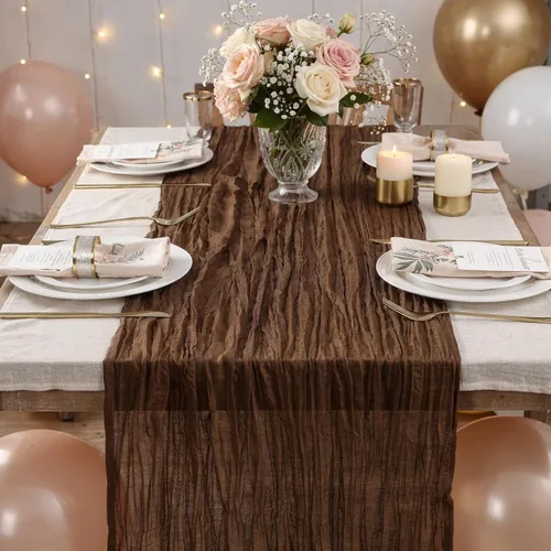 Vista 6 de LuoluoHouse Beige Gauze Table Runner 17x120 Inch Summer Boho Cheesecloth Runner Fabric for Wedding Reception Party Decor Bridal Shower Bulk Table