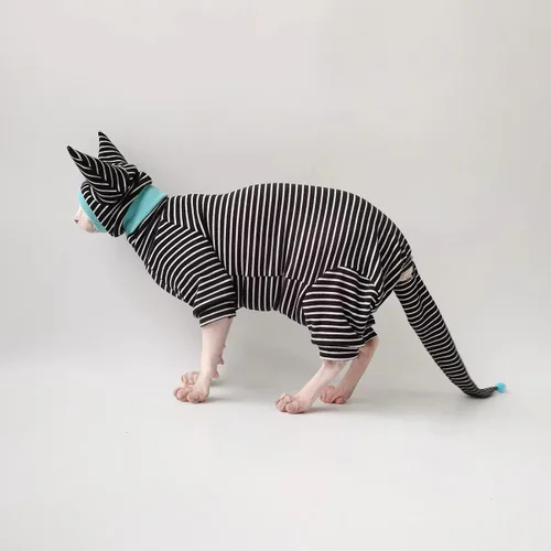 Vista 8 de Sphynx - Conjunto de camisa transpirable a rayas negras para gatos, gorro y camisa para mascotas (talla M)