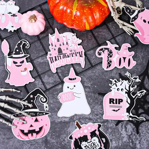 Vista 4 de Whaline 12 imanes rosados de Halloween para refrigerador, calabaza, fantasma, araña, murciélago, nevera, truco, golosina, calcomanías magnéticas