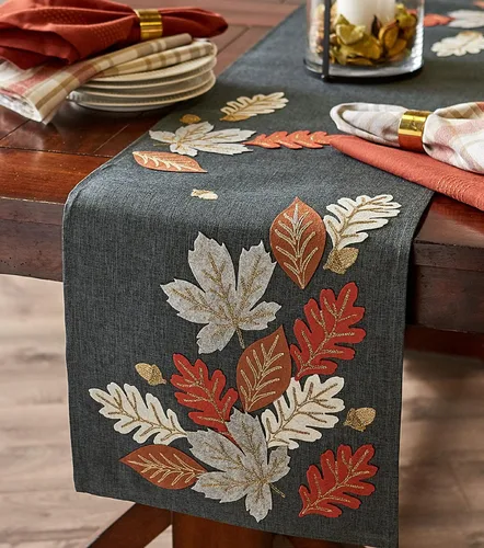 Vista 3 de DII Decoración de mesa de otoño bordada para comedor de Acción de Gracias, camino de mesa, 14 x 70 pulgadas, hojas de otoño