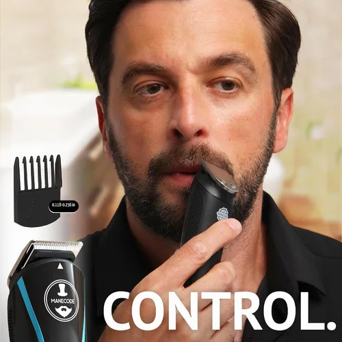 Vista 6 de MANECODE® Cortadora de barba y cabello para hombres – Self-Sharp Blades® USB-C, impermeable, pantalla LED, kit de aseo múltiple
