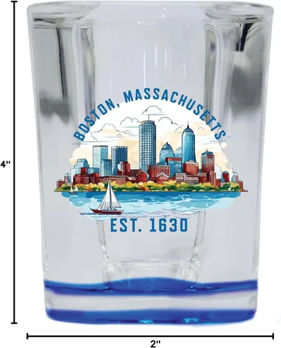Vista 3 de Boston Massachusetts B Souvenir - Vaso de chupito cuadrado de 2.5 onzas, base azul, paquete de 2