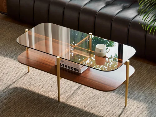 Vista 18 de Shrine - Mesa de café rectangular, diseño moderno de mediados de siglo, estructura de 2 niveles, parte superior de vidrio ámbar y estante de MDF