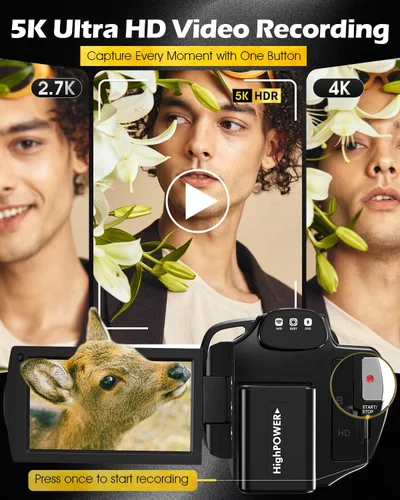 Vista 2 de Videocámara de cámara de video 5K, cámara de vlogging WiFi de 64 MP para YouTube con zoom óptico 8X, pantalla táctil IPS de 3.5 pulgadas, visión