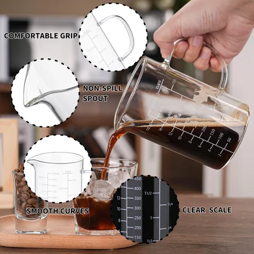 Vista 8 de BCnmviku Taza medidora de vidrio de 500ML 2 tazas con asa, vidrio de borosilicato alto tres escalas