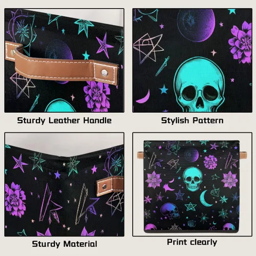 Vista 4 de Cube Storage Bins for Shelves, Neon Blue And Purple Skull Flower Decorative Fabric Organizer Box with Handles for Living Room, Dorm Room, Classroom