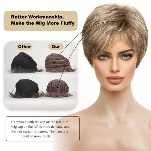 Vista 3 de HAIRCUBE Pelucas cortas de corte Pixie con textura de cabello humano para mujeres con flequillo pelucas sintéticas de repuesto - #17/101