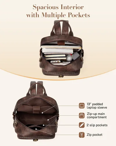 Vista 4 de Missnine Mochila de cuero para mujer, mochila antirrobo, bolsa de hombro convertible con cremalleras seguras para viajes y trabajo, Café, Vintage
