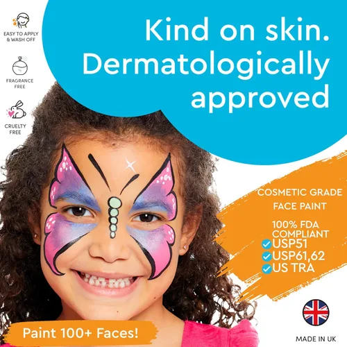 Vista 3 de Snazaroo Kit de pintura facial Ultimate Party Pack, paleta de 12 colores con pincel, esponja, bio-purpurina y guía, no tóxico, a base de agua, fácil