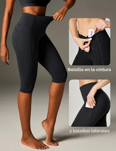 Vista 6 de Leggings capri con bolsillos para mujer, leggings de cintura alta hasta la Negro