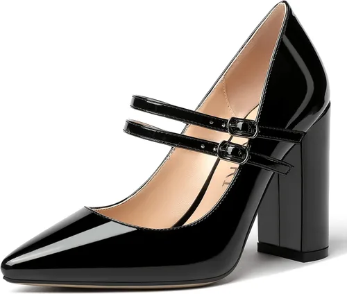 Vista 18 de MERRORI Vestido sólido con correa ajustable para mujer, con hebilla de patente, puntera puntiaguda, tacón alto, zapatos de 4 pulgadas Beige