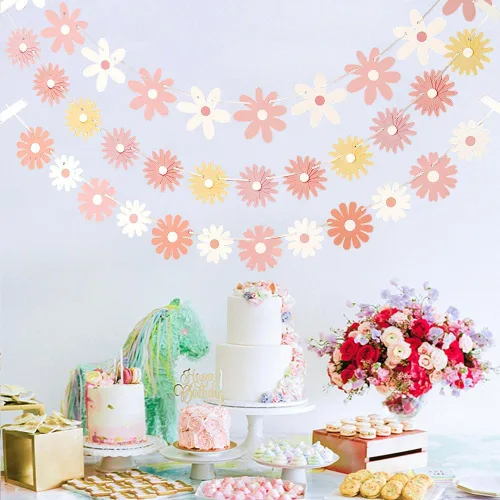 Vista 3 de Paquete de 3 pancartas de margaritas rosadas, decoraciones únicas de margaritas florales, guirnalda de margaritas florales, decoración de papel