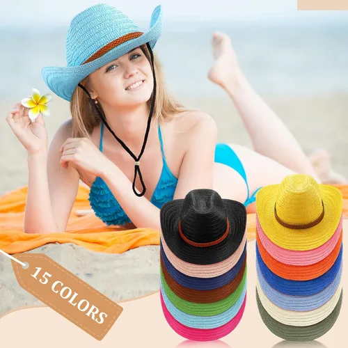 Vista 5 de Suhine 15 sombreros de vaquero de paja para hombres y mujeres, coloridos sombreros de fiesta occidental a granel, protección solar a granel, vaquera