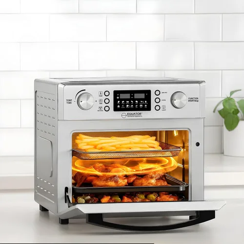 Vista 4 de Horno freidora de aire 5 en 1 de encimera Equator + convección + pizza + parrilla + deshidratador de acero inoxidable 0.93 pies cúbicos 110 V