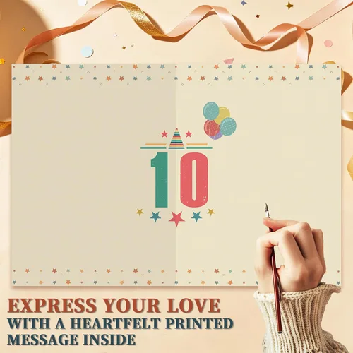 Vista 3 de Asmallgf Tarjeta de regalo vintage de 10º cumpleaños para niñas, niños y adolescentes, mensaje impreso en el interior con sobre de papel kraft