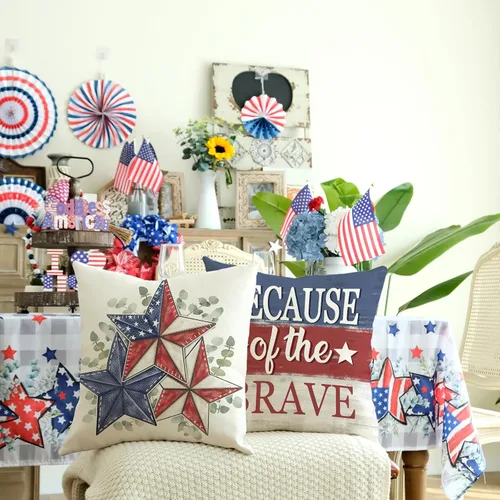 Vista 3 de GEEORY Juego de 4 fundas de almohada de 18 x 18 pulgadas para el 4 de julio, Dios bendiga Estados Unidos, estrellas valientes, a rayas, decorativas