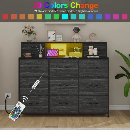 Vista 4 de Cómoda negra con estación de carga y luces LED de 13 cajones, cómodas para dormitorio, cómodas largas y baúles de cajones para sala de estar