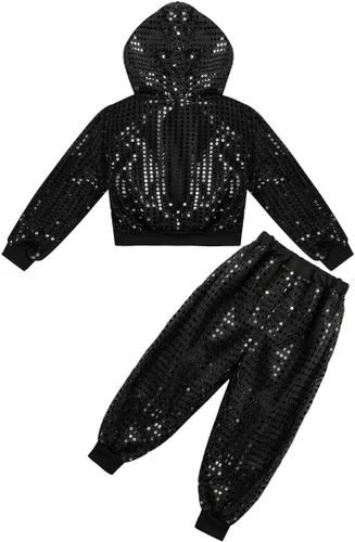 Vista 4 de inhzoy Conjunto de lentejuelas para niña, danza callejera, hip hop, danza, rendimiento, con capucha y pantalones de harén