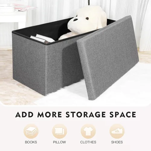 Vista 4 de B FSOBEIIALEO - Reposapiés otomano plegable de lino con espacio de almacenamiento, también utilizable como mesa de café