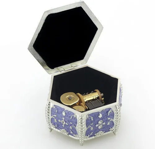 Vista 25 de ROSIKING Caja de música de aleación de metal en relieve en forma de corazón azul, caja musical antigua para joyería con cuerda, regalos