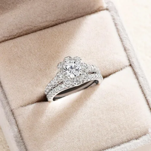 Vista 6 de Newshe Jewellery AAAAA - Anillos de boda para mujer, juego de novia de compromiso con halo de flores, plata de ley 925, anillo de circonita cúbica