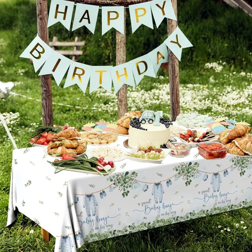 Vista 4 de Paquete de 3 manteles decorativos para baby shower, acuarela Greenery A Sweet Baby Boy Is On The Way Baby Shower, mantel impermeable para baby