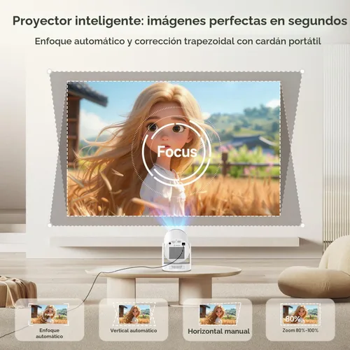 Vista 3 de Mini proyector con Wifi 6 y Bluetooth 5.4, proyector portátil inteligente 4K, Android 14 y 400 ANSI, enfoque automático y Keystone, proyector