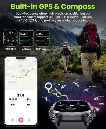 Vista 3 de Joautrial Reloj inteligente militar para hombre con GPS incorporado con linterna LED y brújula, relojes inteligentes tácticos AMOLED de 2.13