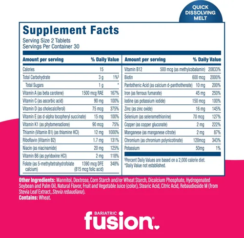 Vista 4 de Bariatric Fusion Multivitamínico bariátrico con hierro Quick Melt Vitaminas sin azúcar para manga gástrica y bypass gástrico Sabor a bayas