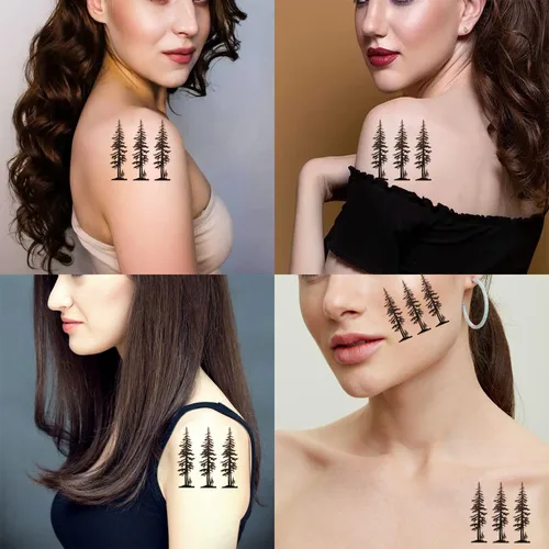 Vista 2 de Tatuajes temporales, 6 hojas de silueta de pino de árbol, ciprés, evengreen, cedro, bosque, madera, calcomanías de tatuaje para adultos, niños