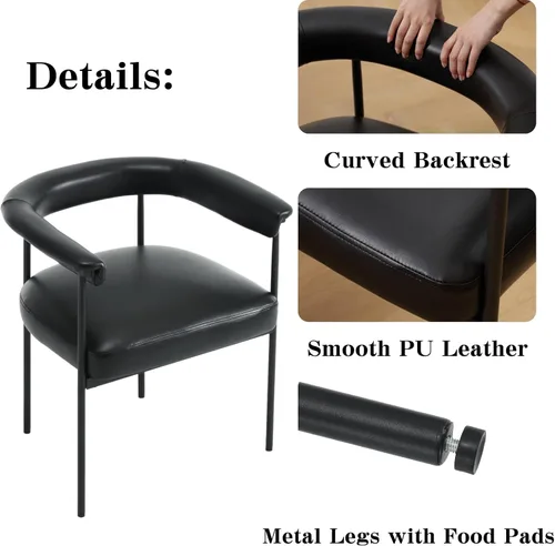 Vista 7 de LukeAlon Juego de 2 sillas de comedor de piel sintética, silla de cocina tapizada con respaldo abierto con patas de metal negro, respaldo curvado