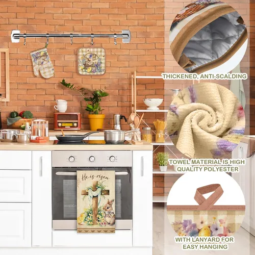Vista 3 de VitalCozy Juego de 8 toallas de cocina de Pascua, guantes de horno y soporte para ollas, toallas de cocina florales de Pascua, toalla de cocina