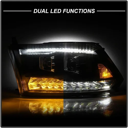 Vista 6 de ACANII – Faros delanteros LED negros con señal DRL y doble proyector para Dodge Ram 1500 2500 3500 2009-2018
