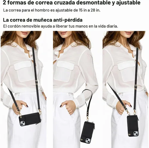 Vista 2 de KIHUWEY - Funda tipo cartera cruzada para iPhone 14/13, color negro