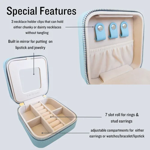Vista 3 de Caja organizadora de joyas de viaje, joyero de viaje, pequeño joyero para mujer, estuche de viaje de joyería, caja organizadora de aretes con espejo