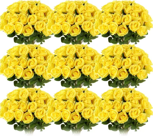Vista 10 de Jexine 100 piezas de rosas artificiales a granel, ramo de rosas de seda falsas realistas de tallo largo para centros de mesa, jarrones, bodas, Beige