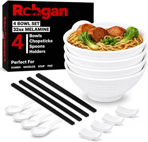 Vista 9 de Juego de Tazones Japoneses para Ramen de 32 oz – 20 Piezas de Tazones Pho de Melamina Negra con Palillos, Cucharas y Soportes – Vajilla para Fideos