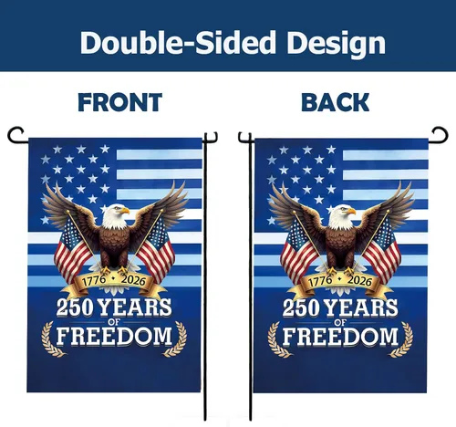 Vista 3 de Bandera de jardín de Estados Unidos del 250 aniversario, diseño de águila patriótica de doble cara con banderas estadounidenses, pancarta