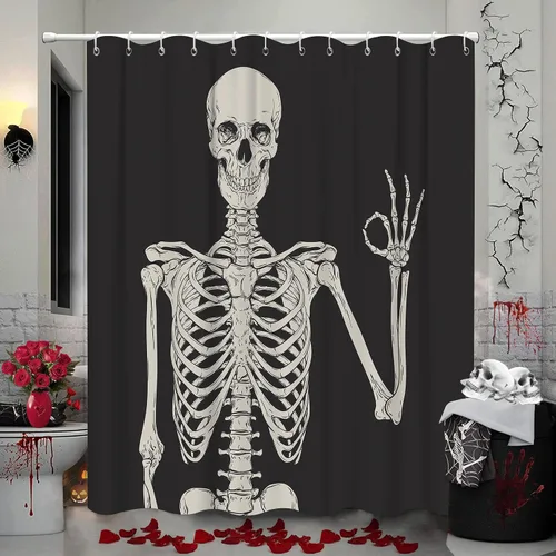Vista 11 de Bonita cortina de ducha de Halloween, fantasmas divertidos y espeluznantes, juego de cortina de ducha de poliéster blanco y negro con 12 ganchos