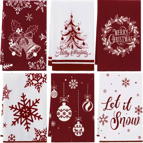 Vista 9 de Tatuo 6 piezas de toallas de cocina de Navidad copo de nieve árbol de Navidad alegre campana toallas de cocina toallas de mano absorbentes de cocina